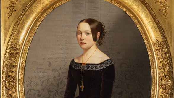 Portrait peint du XIXe siècle de Marie Marguerite Martineau, présenté dans son cadre ovale doré à décor feuillagé sculpté - Agrandir l'image, fenêtre modale